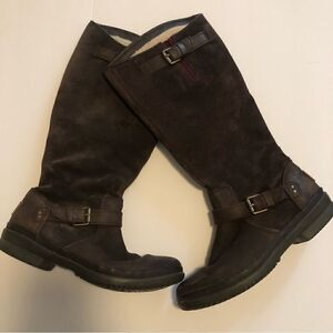 Ugg Thomson dark brown suede leather Moto style boots shearling lined size 6.5